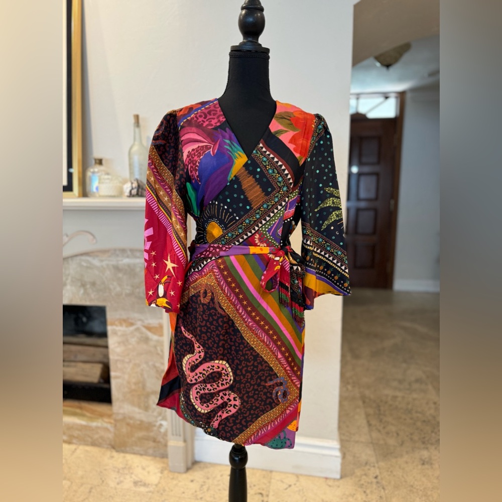 BNWT Farm Rio, diagonal scarves mini wrap dress.